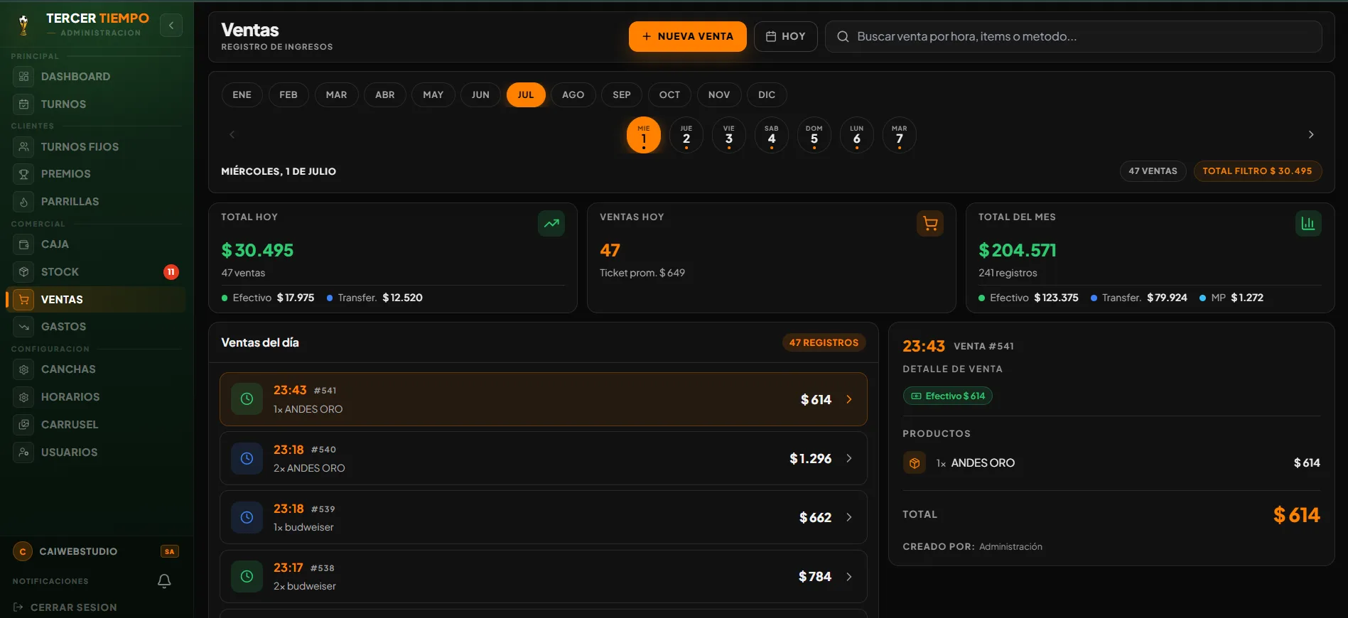 Pantalla de ventas de la cantina con el listado del día y el detalle de una venta